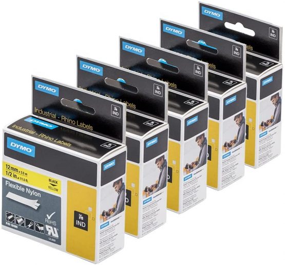 5 x Dymo 18490 Rhino Industrial Labels Flexible Nylon 12 mm x 3.5 m - Black on Yellow + PaperMate Pen Gift - Image 4