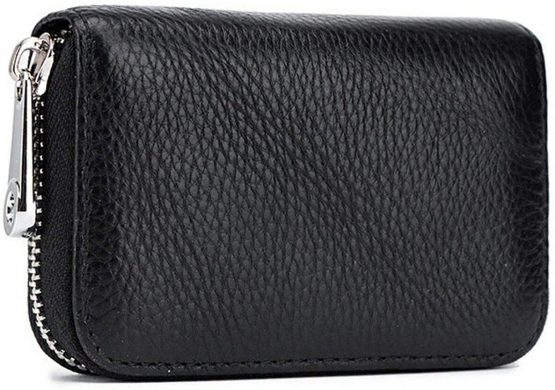 Meowoo Credit Card Holder RFID Blocking Genuine Leather Mini Credit Card Wallet Purse with Zipper for Women Men (Black)