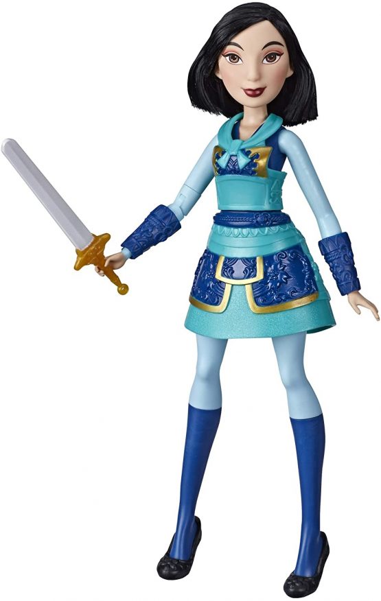 Disney Princess Warrior Moves Mulan Doll with Sword-Swinging Action, Warrior Outfit Mulan Fashion Doll Toy for Children, Blue, E8628
