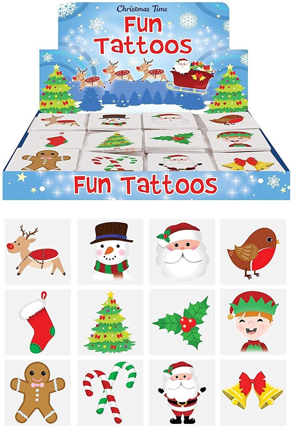 Henbrandt 10 x Mini Christmas Temporary Tattoos for Children 12pc Packs Kids Festive Xmas Party Bag Favours Stocking Presents Advent Calendar Fillers for Boys and Girls