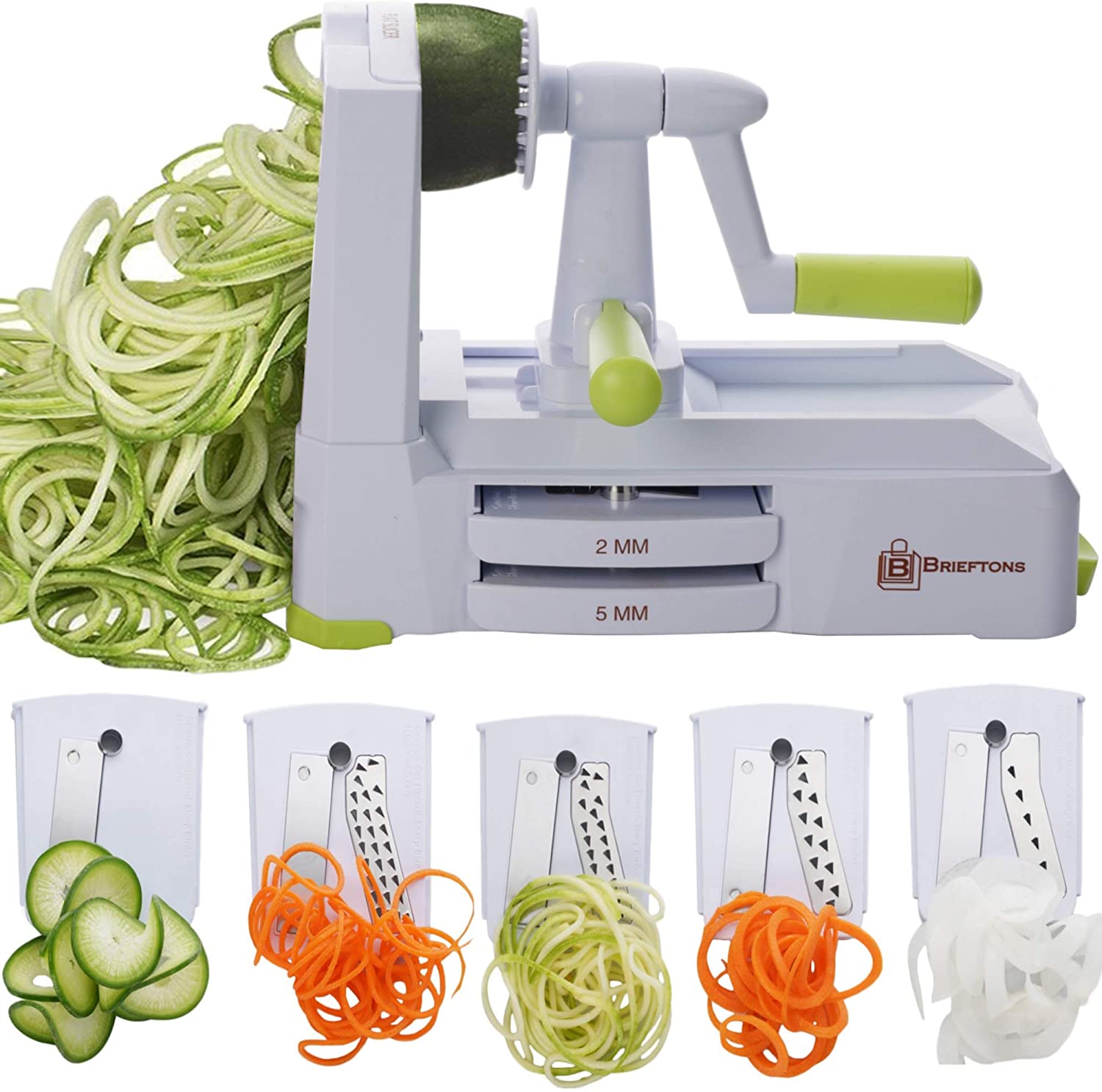 Brieftons 5-Blade Vegetable Spiralizer: Best Zucchini Spiral Slicer & Veggie Noodle Maker, Japanese Steel Blades