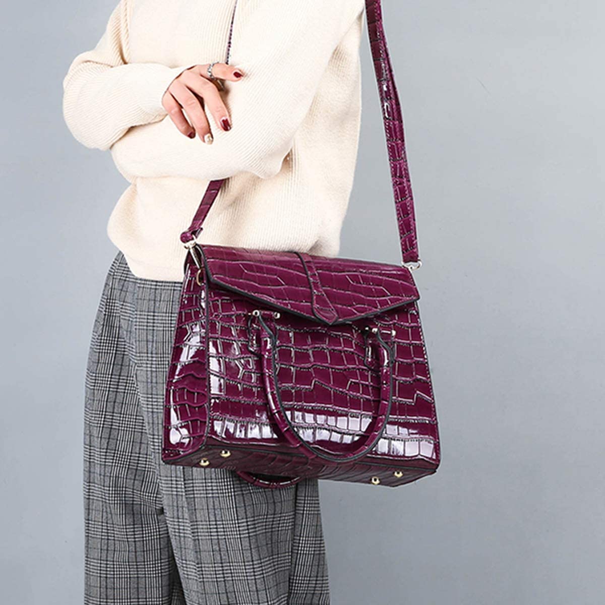 NIYUTA Women's Handbags Fashion casual patent leather Shoulder Top-Handle Bags Purple - Image 2