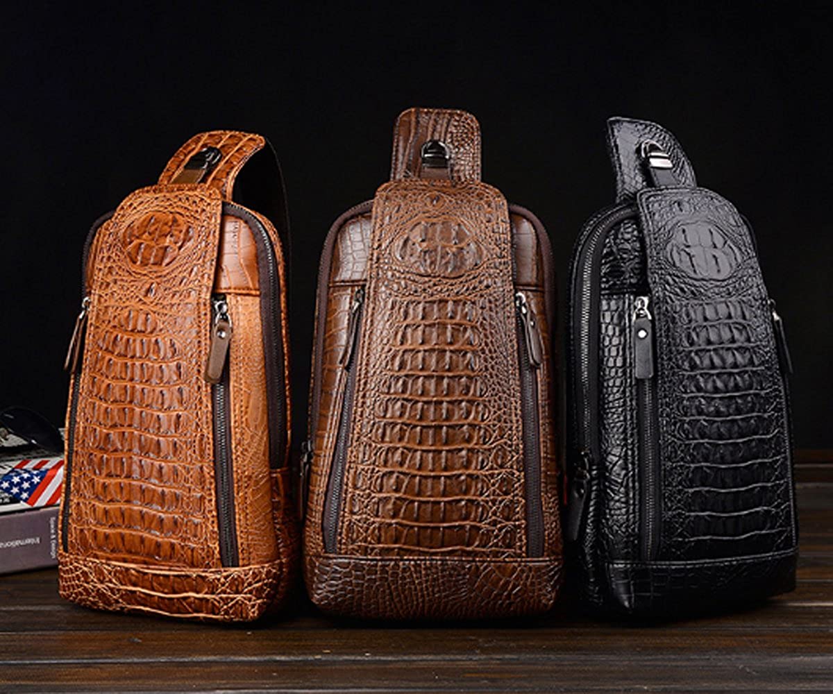 FiveloveTwo Mens Sling Bags Crocodile Leather Multipurpose Outdoor Shoulder Crossbody Chest Bag Satchels Hiking School Daypack Brown - Image 4