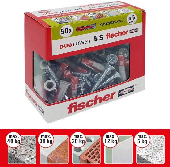 Fischer 544015 with Dowel Screw for Murature Piene, Pierced and plasterboard, Grey, 5 X 25 mm, Set of 50 Pieces - Image 3