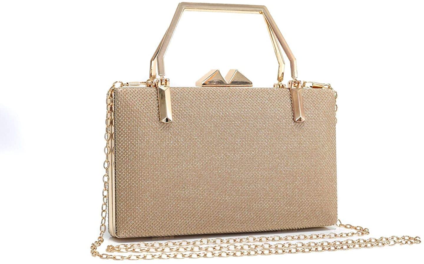 FoxLady Bags Womens Elegant Shiny Wedding Party Bridal Evening Clutch Shoulder Bag with a Small Handle + Detachable Chain Strap (Gold)