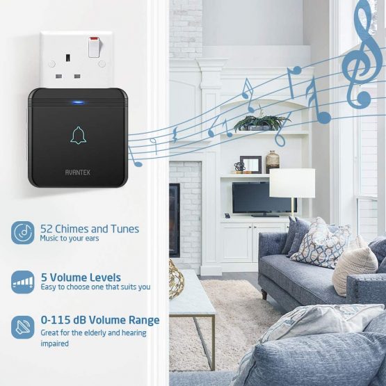 Wireless Doorbell, AVANTEK 1300 Feet Operating Range Door Bells, IP55 Waterproof Door Chime with 2 Plug-in Receivers, LED Flash, 5 Levels Volume, 52 Melodies, D-3B - Image 3
