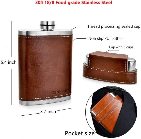 GENNISSY 8oz Hip Flask with Funnel - Stainless Steel with Leather Wrapped Cover and 100% Leak Proof - Image 2