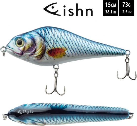 FISHN JERKYONE Jerkbait - Weight: 73g - Length: 15cm, Wobbler, Artificial lures with Mustad hooks, Fishing lures for fishing for predatory fish such as pike, perch, trout (Blue Fin)