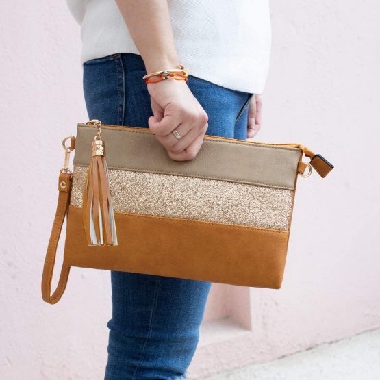 CRAZYCHIC - Women's Glitter Clutch Bag - Ladies Messenger Strass Crossbody Bag Soft PU Faux Leather Tassel - Multicolor Stripe Pochette - Shoulder Small Fashion Handbag Purse Bag - Coffee - Image 2