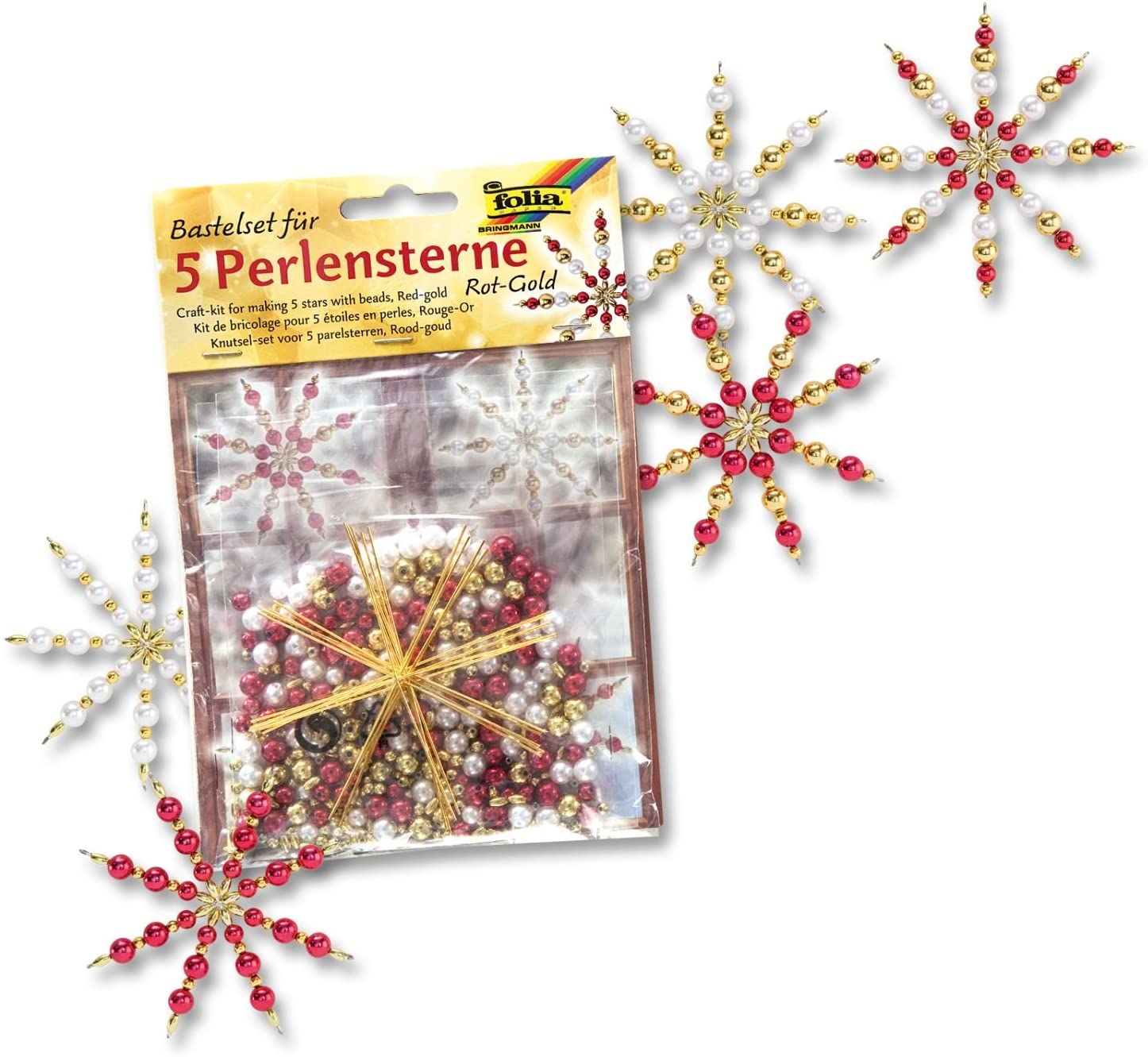 folia Craft Set for 5 Pearl Stars Ideal as Homemade Decoration for Christmas, Red / Gold / Pearl White - Image 2