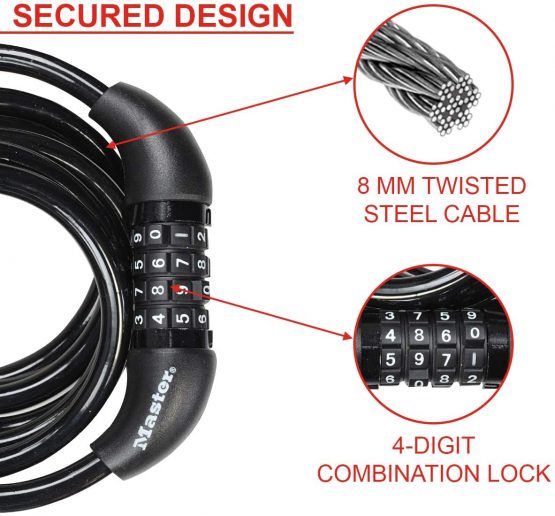 Master Lock Bike Cable Lock [Combination] [1.8 m Coiling Cable] [Outdoor] 8221EURDPRO - Ideal for Bike, Electric Bike, Skateboards, Strollers, Lawnmowers and other Outdoor Equipments - Image 4