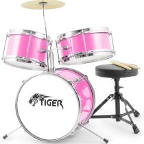 Tiger Junior Kids Drum Kit, 3 Piece Beginners Childrens Drum Set with Snare, Tom, Bass Drum, Bass Drum Pedal, Cymbal and Sticks - Pink