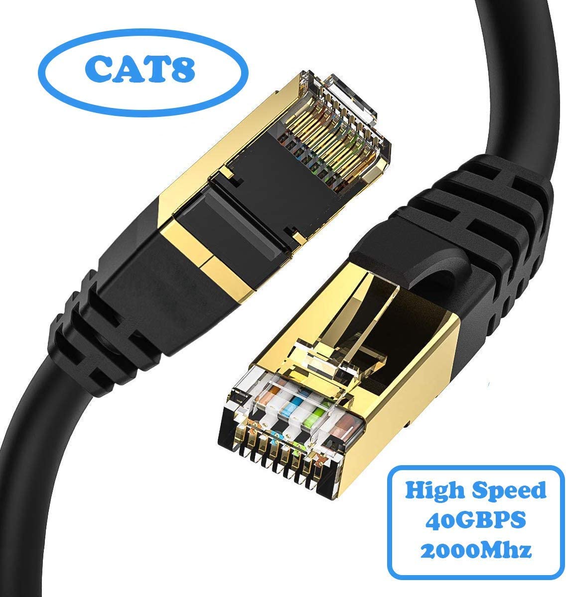 IBRA CAT8/CAT7 Ethernet Gigabit Lan network cable (RJ45) SSTP 40Gbps 2000Mhz - Round Black 1M, CAT8-Black
