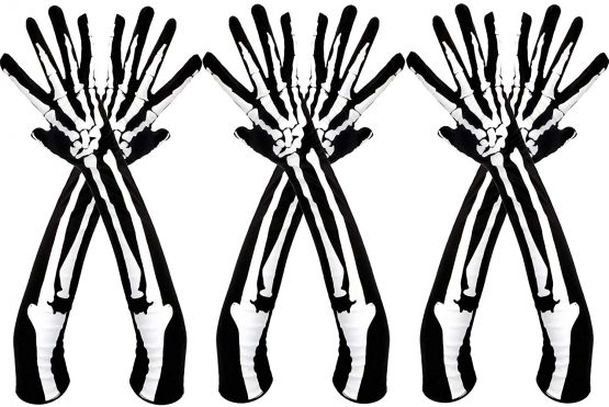 3 Pair Halloween Full Finger Gloves Fancy Dress Accessory for Halloween Party (Adult Size, Long Skeleton)
