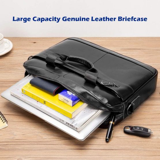 SPAHER Elegant Men 15.6 Inches Leather Briefcase Business Work Laptop Handbag Shoulder Bag Messenger Satchel Top-handle Travel Bag with Removable Strap for Notebook MacBook Brown - Image 3