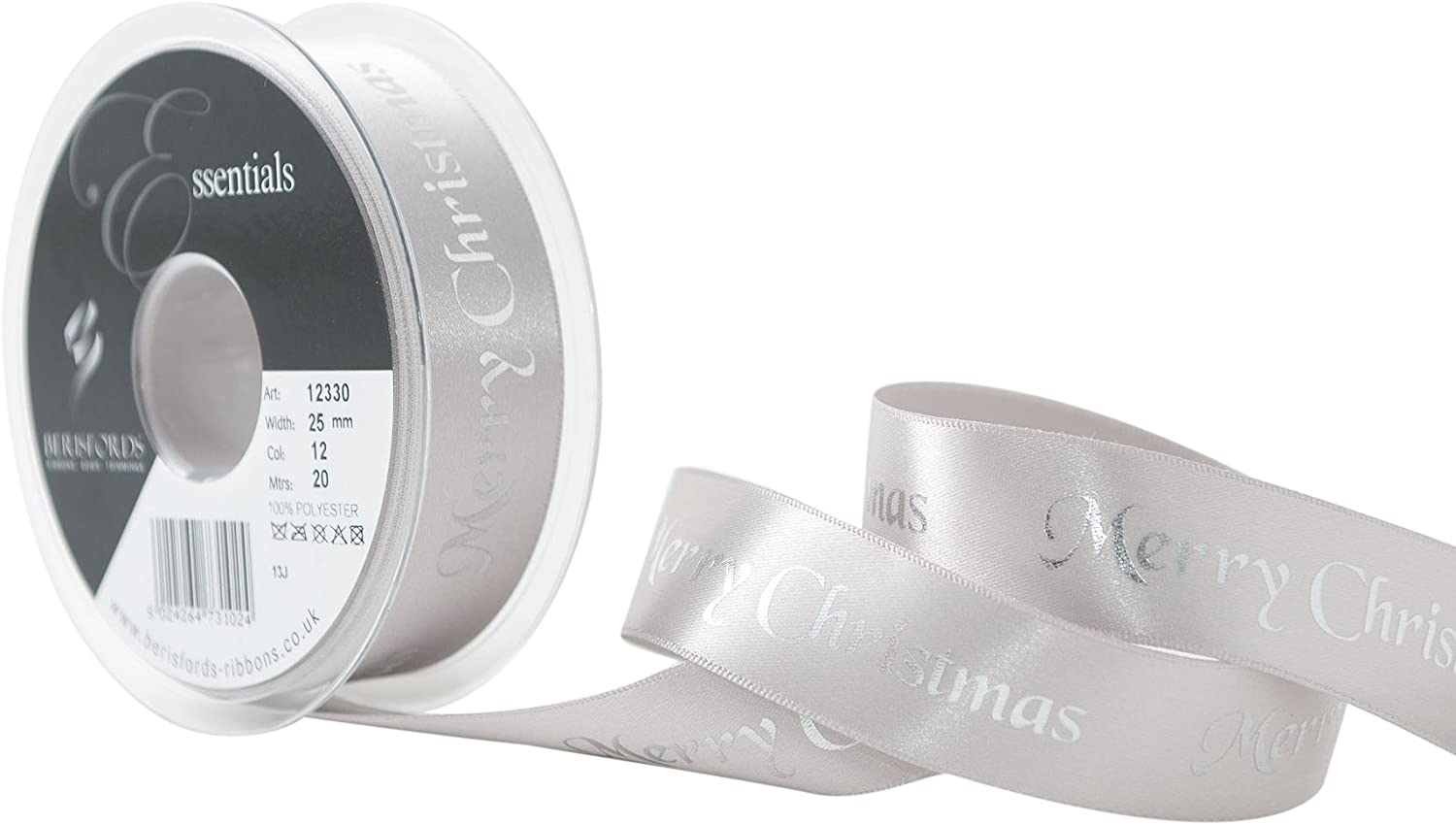 Berisfords 25 mm Merry Christmas Ribbon, Silver and Silver