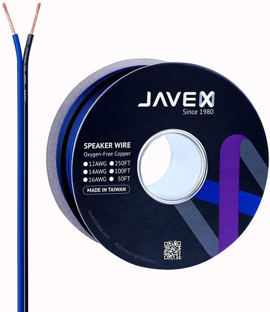 JAVEX Speaker Wire 14-Gauge [2.11mm2] [0.16mm Strands Oxygen-Free Copper 99.9%] Stranded Copper, Blue/Black, Cable for Hi-Fi Systems, Amplifiers, AV receivers and Car Audio Systems, 50FT [15.25CM]