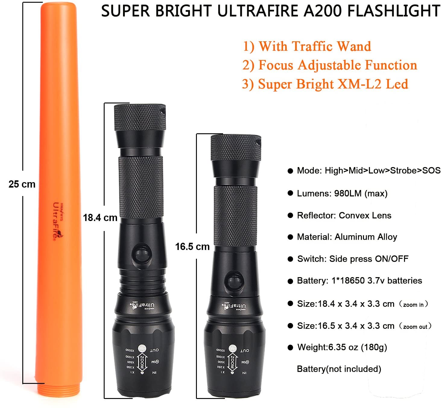 ULTRAFIRE 16-Inch Signal Traffic Wand LED Torch 980 Lumens, Zoomable Tactical Torch 5 Modes Safty Flashlight - Image 4