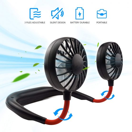Portable neck Fan Hand held Hand Free Fan USB Rechargeable mini Sports Neck Hanging lithium Battery Rechargeable fans desk small fans office tiny little Perfect forTraveling Outdoor Room (Black)