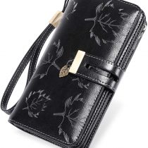 LUROON Ladies Purse RFID Blocking Women Purses Large Capacity Ladies Leather Wallets with 24 Credit Card Slots, Ladies Clutch Long Wallet with Zipper Pocket & Wrist Strap (Black)