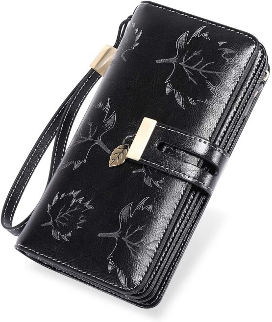 LUROON Ladies Purse RFID Blocking Women Purses Large Capacity Ladies Leather Wallets with 24 Credit Card Slots, Ladies Clutch Long Wallet with Zipper Pocket & Wrist Strap (Black)