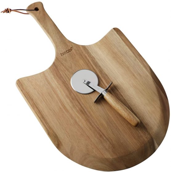 hecef Acacia Wood Pizza Peel, 12" Large Pizza Paddle & Cutting Board, Serving Board for Homemade Pizza, Cheese, Fruits & Cake