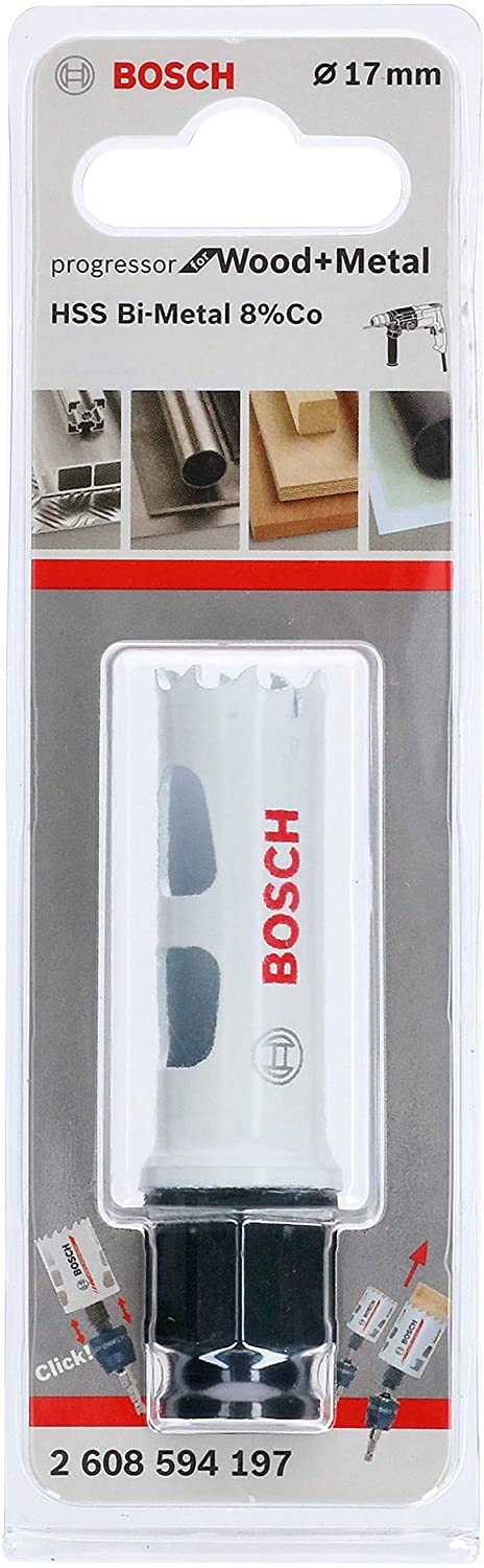 BOSCH Bi-Metal Hole Saw (for Wood and Metals 8% Cobalt Alloy, Progressive Tooth Design, diameter 17 mm, Accessory Drills)