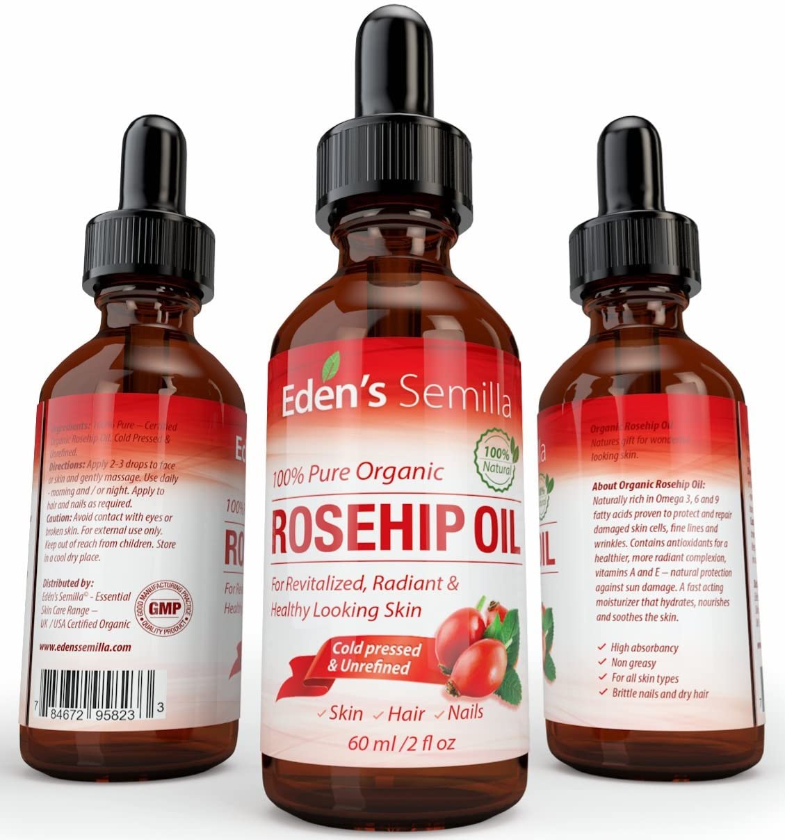 100% Pure Rosehip Oil - 60ml - Certified ORGANIC - Natural/Cold pressed & Unrefined - NON Greasy HIGH absorbency - Image 2