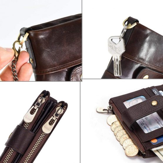 Mens Wallet RFID Blocking Soft Genuine Leather Gents Wallet with Chain, Double Zipper Men Leather Wallets with Coin Pocket Small Mens Bifold Wallets 16 Card Holder (Coffee) - Image 2