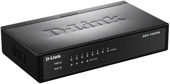 D-Link DES-1008PA 8-Port Fast Ethernet Unmanaged Metal Desktop Switch with 4 PoE Port and 52 W PoE budget