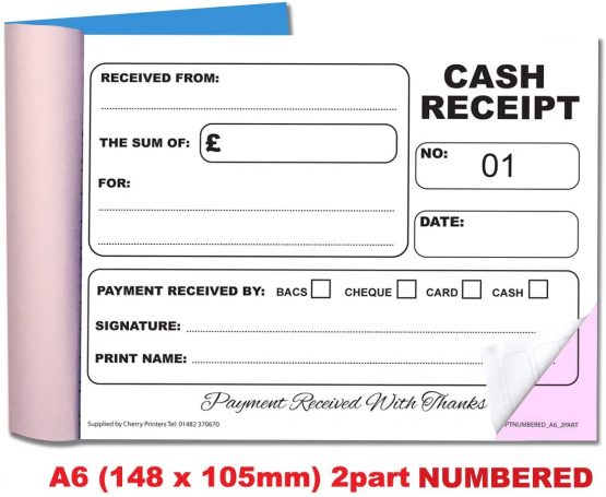 Cherry Carbonless NCR Cash Receipt Duplicate Book A6 50 Sets Numbered 1-50 - Image 2
