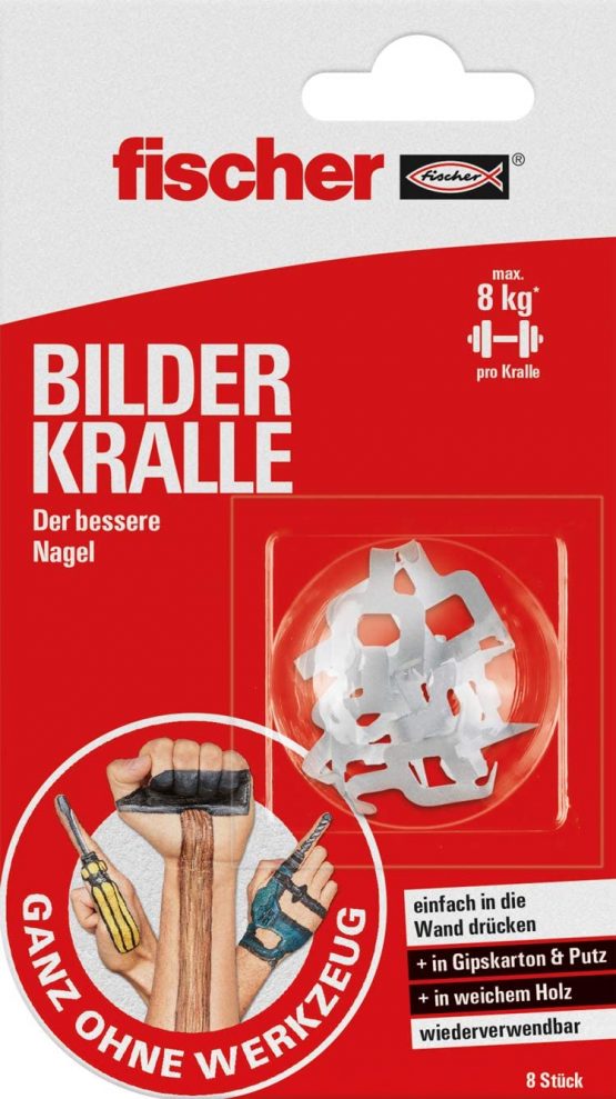 fischer Ganz ohne Werkzeug 545953, 8X Reusable Picture Claws, Easy to Remove, No Tools Required, White