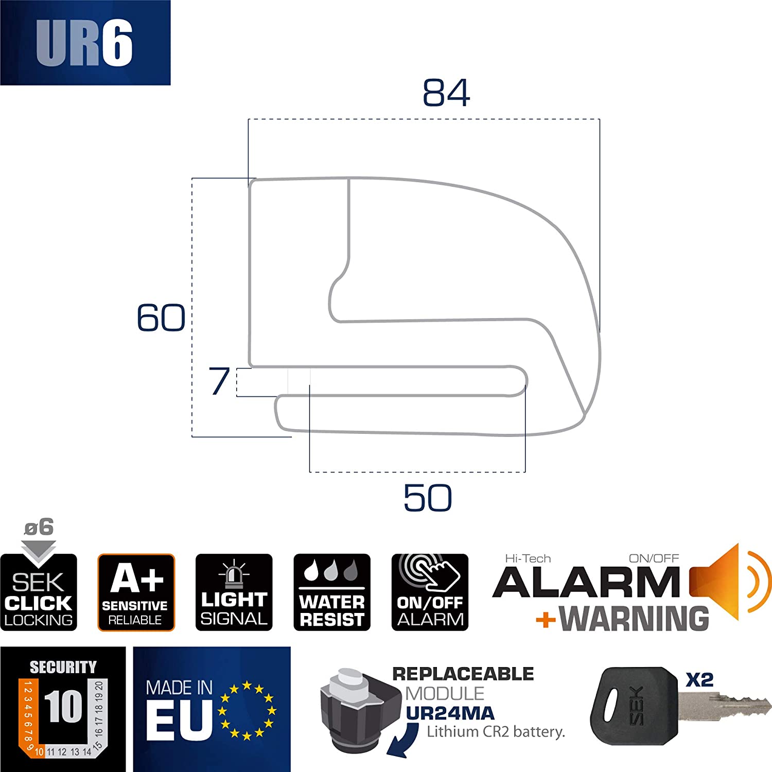 URBAN UR6 Hi-Tech Motorcycle Disc Lock with Smart Alarm, Black and Yellow, 6mm - Image 4