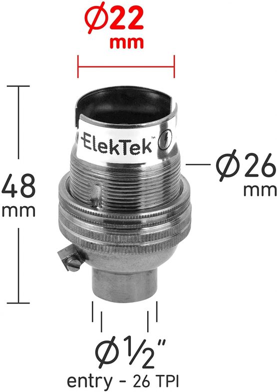 ElekTek Lamp Holder Un-Switched Bayonet Cap B22 Half Inch Entry with Shade Ring Brass - Image 2
