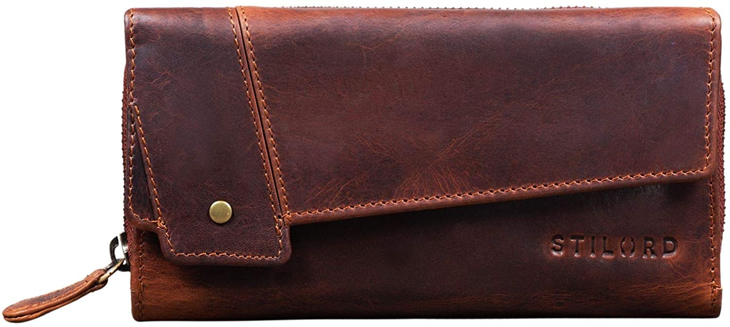 STILORD 'Sophia' Women Leather Wallet RFID and NFC Protection 15 Credit Card Slots and Gift Box, Colour:Kara - Cognac