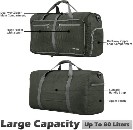 Gonex 80L Foldable Sport Duffels Travel Bag Large Sport Holdall Bag Packable Gym Bag Lightweight Waterproof Luggage (Black) - Image 3