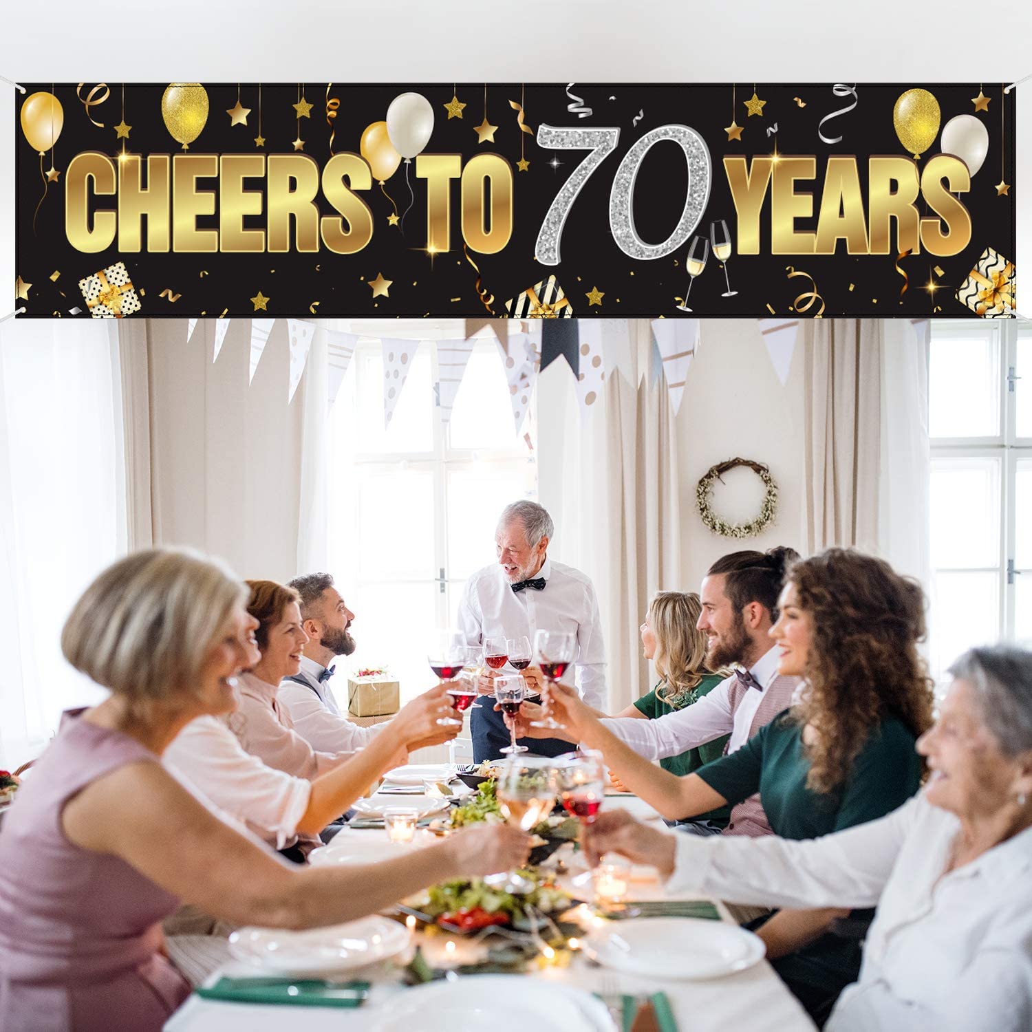 70th Birthday Banner, Happy 70th Birthday Cheers to 70 Years Birthday Sign Gold Glitter Birthday Banner - Image 3