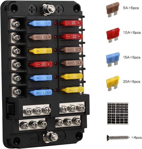 Blade ATC/ATO fuse blocks, ENDARK car fuse holder, 12 way fuse box with Negative Bus LED indicator for Car, Boat, Van, SUV