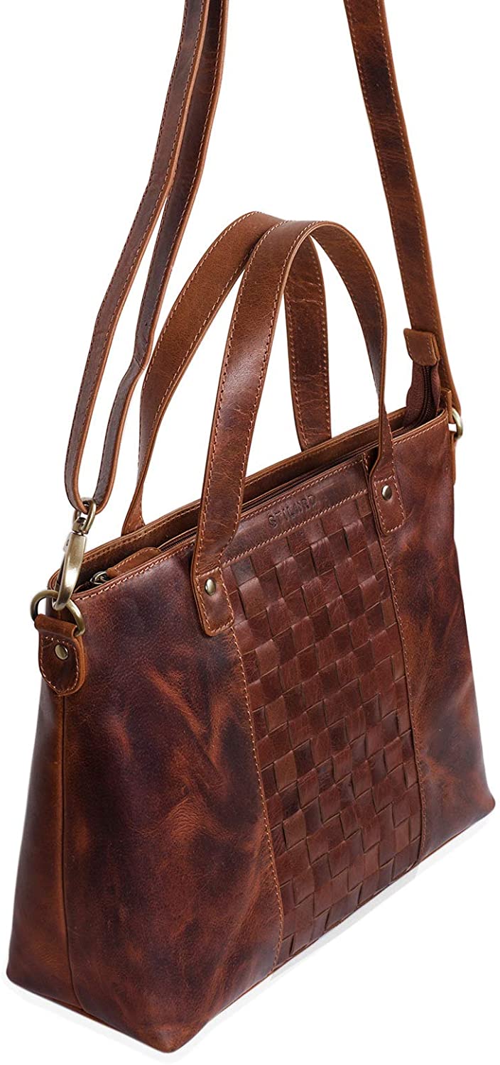 STILORD "Mara" Elegant Vintage Hand Bag Woven Leather for Women Shoulder Bag Weave Braided for 13,3'' MacBooks Buff Leather Colour:Siena - Image 4