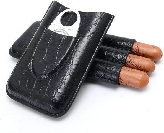 Leather Cigar Case, Including Cutter Set, Leather Traveling Cigar Case 3 Tubes Humidor Box, Packed by Nice Gift Box (Black) - Image 2