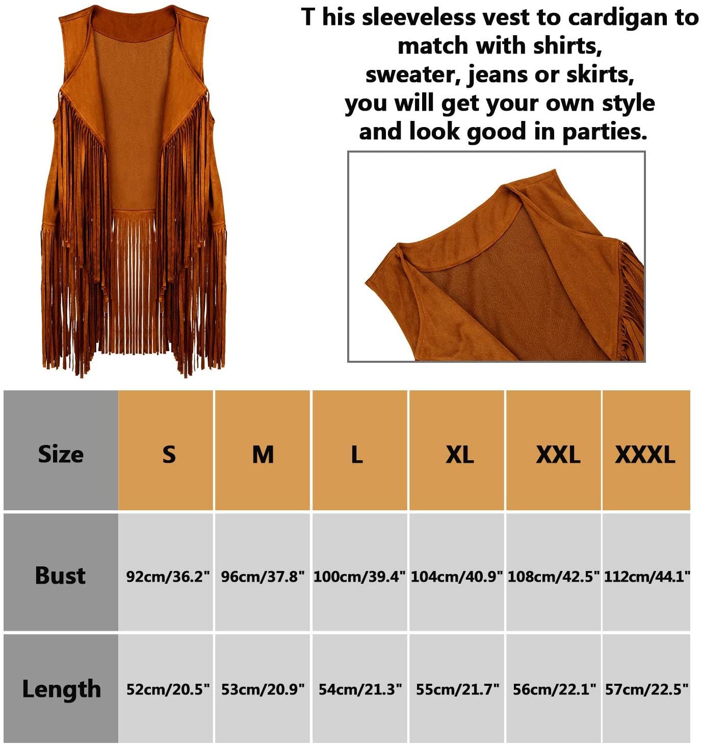 6 Pcs 60s 70s Hippie Costume for Women Peace Sign Earring Necklace Headband Fringe Vest Tassel Cardiga (Medium) - Image 3