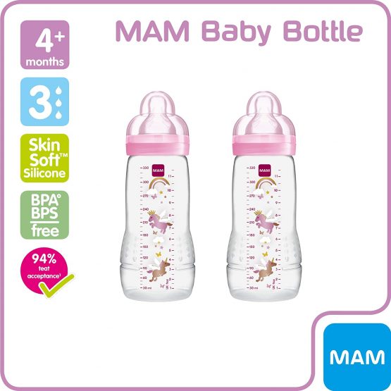 MAM Easy Active Baby Bottle with MAM Fast Flow Teats, Twin Pack of Baby Bottles, Baby Feeding, 330 ml, Colour: Assorted (Designs May Vary) - Image 2