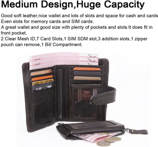 Contacts Mens Genuine Leather Trifold Wallet Card Holder Zipper Coin Bifold Short Purse Vintage (Dark Brown) - Image 2