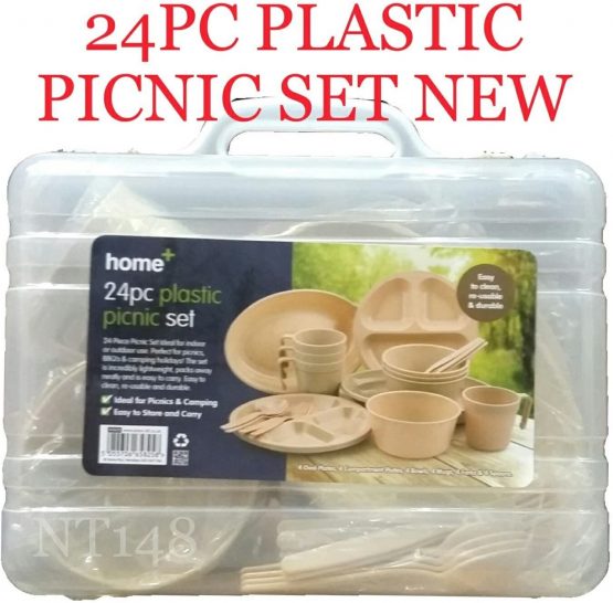 BS 32PC REUSABLE PLASTIC CAMPING PICNIC SET PLATES BOWLS GLASSES SPOONS FORKS UK