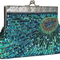 Womens Vintage Sequin Beaded Evening Bag Antique Peacock Evening Wedding Clutch Purse Evening Handbag for Wedding Party Cocktail