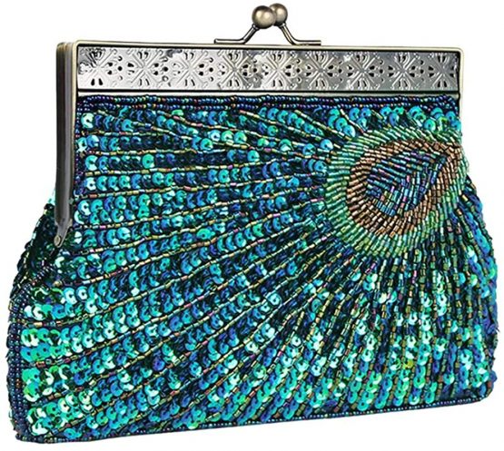 Womens Vintage Sequin Beaded Evening Bag Antique Peacock Evening Wedding Clutch Purse Evening Handbag for Wedding Party Cocktail