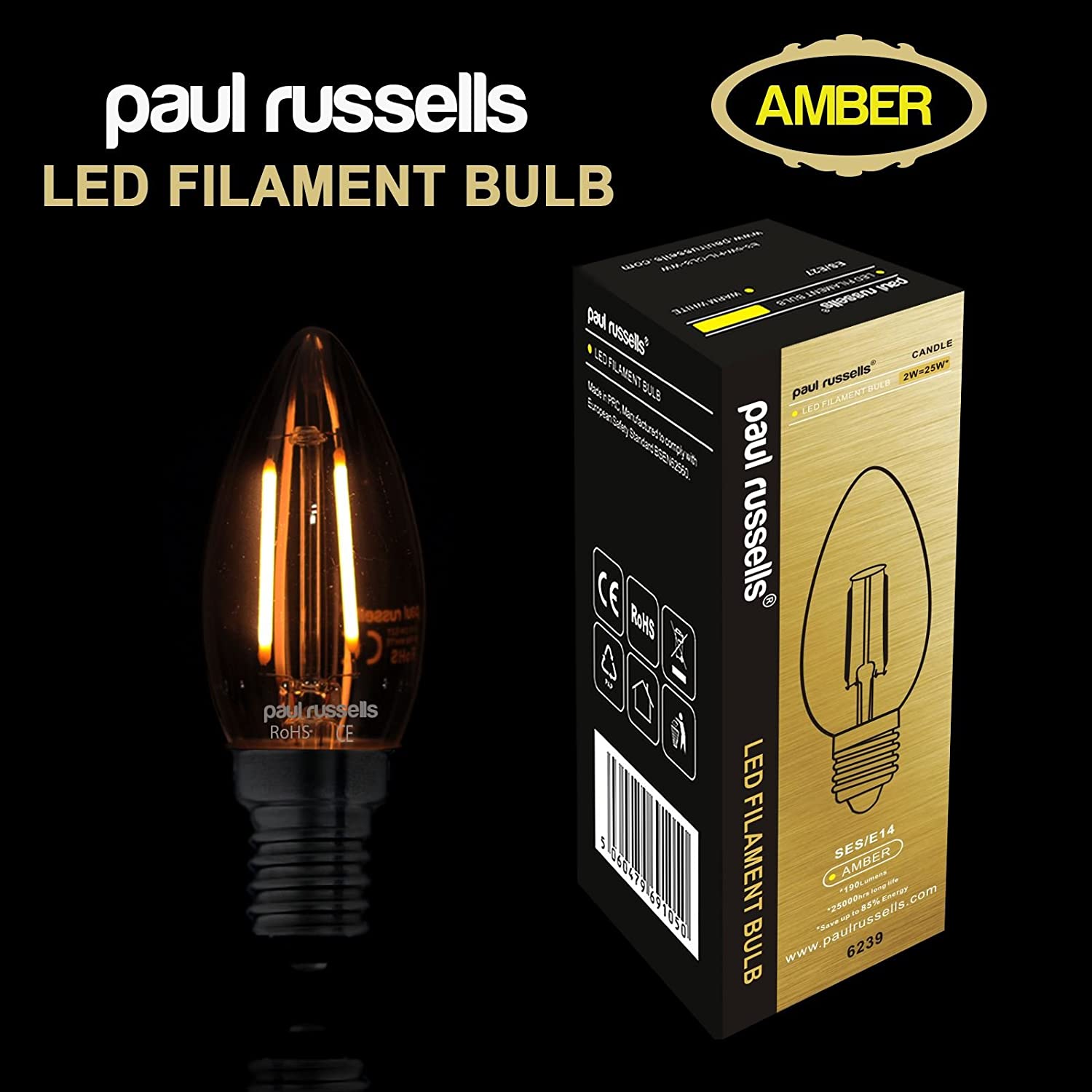 paul russells LED Candle Filament Light, 2.5W 20W Equivalent Replacement, 200LM Lumens, 2200K Extra Warm White - Image 2