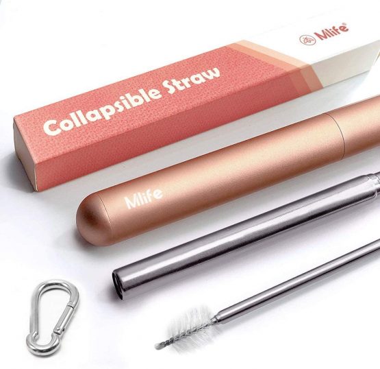 Mlife Rose Gold Foldable Reusable Straws - BPA Free Portable Stainless Steel Metal Drinking Straw with Travel Case & Cleaning Brush & Carabiner