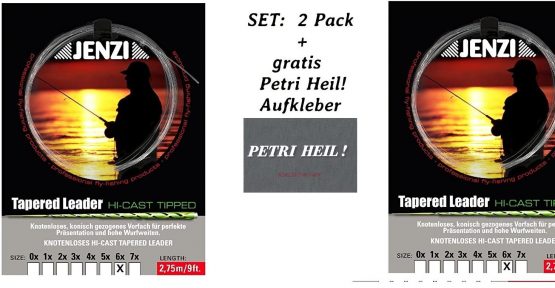 Jenzi Set: 2 Pack Knotless Tapered Leader 6X/0.14/0.28 + Free Petri Heil. [German Language