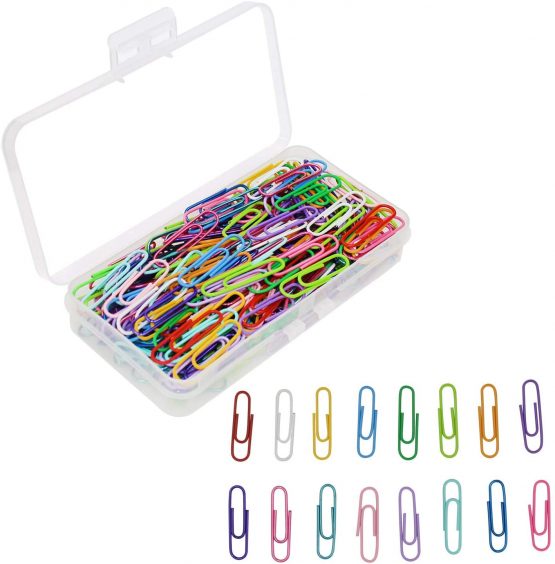 OKVGO 200pcs Coloured Paper Clips with Plastic Box Plastic Coated Metal Paper Clamps for Office Stationery 33mm 16 Colors